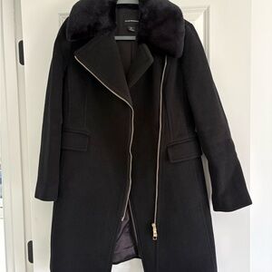 Club Monaco Black Wool-Blend Trench Coat with Faux Fur Collar